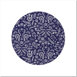 Chalkboard Floral Doodle Pattern in Navy & Cream Posters and Art